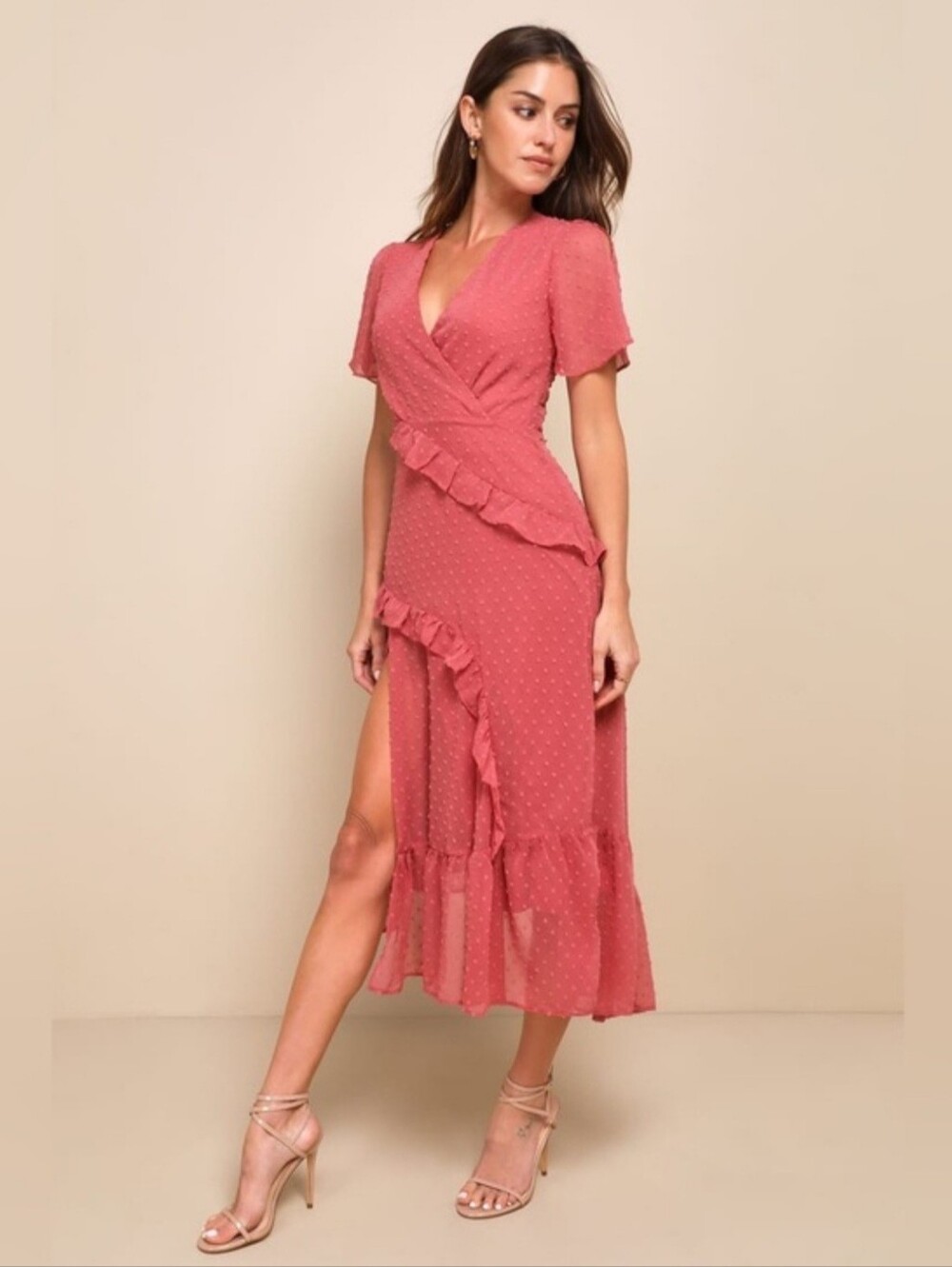 Lulus Rusty Rose Swiss Dot Ruffle Midi Dress Medium - Picture 3 of 11